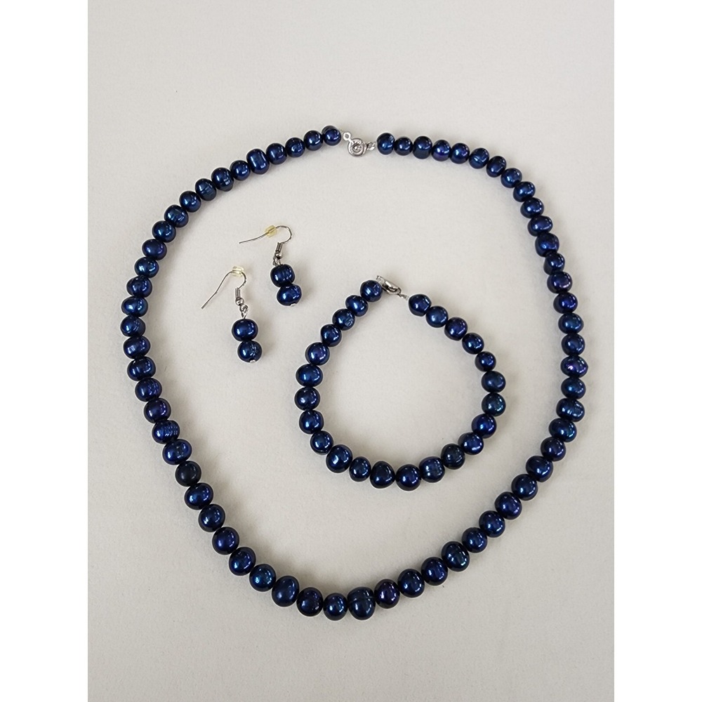 Vtg TENG YUE Navy Pearl Necklace, Bracelet & Earring Set Beautiful FREE $HIPPING